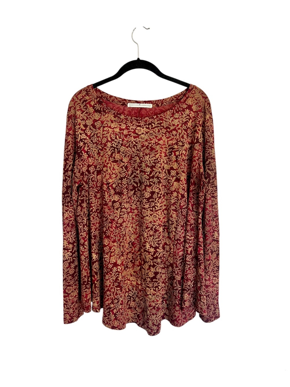 Peruvian Connection cotton modal long sleeve swing top floral burgundy gold M/L